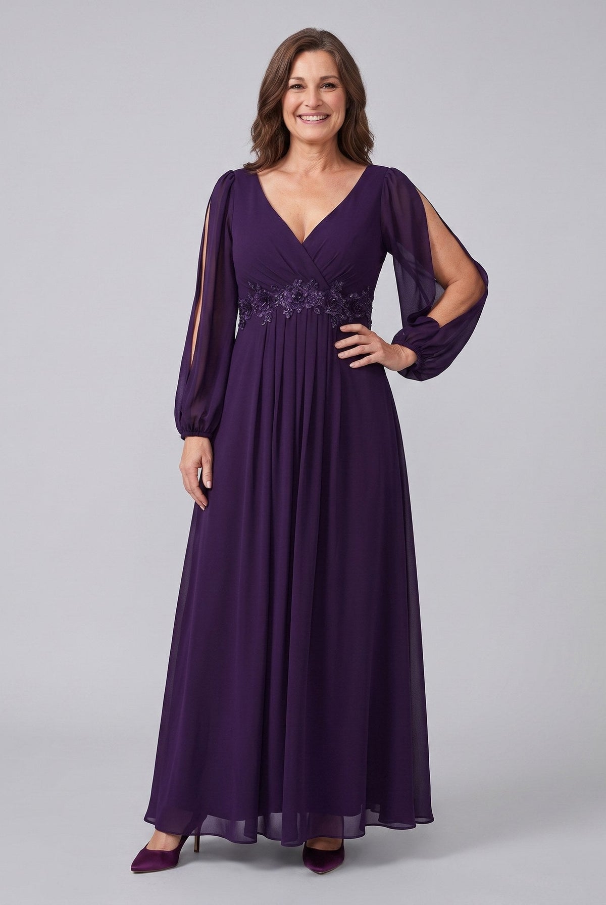 Amethyst chiffon gown with beaded belt and long sleeves 1