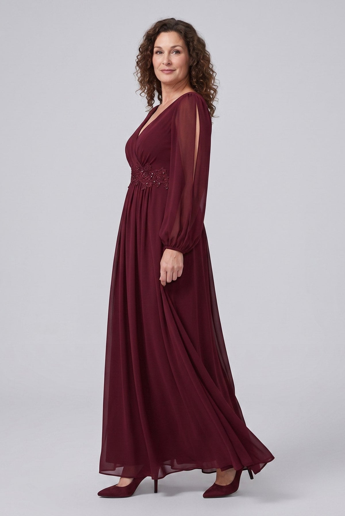 Amethyst chiffon gown with beaded belt and long sleeves 2