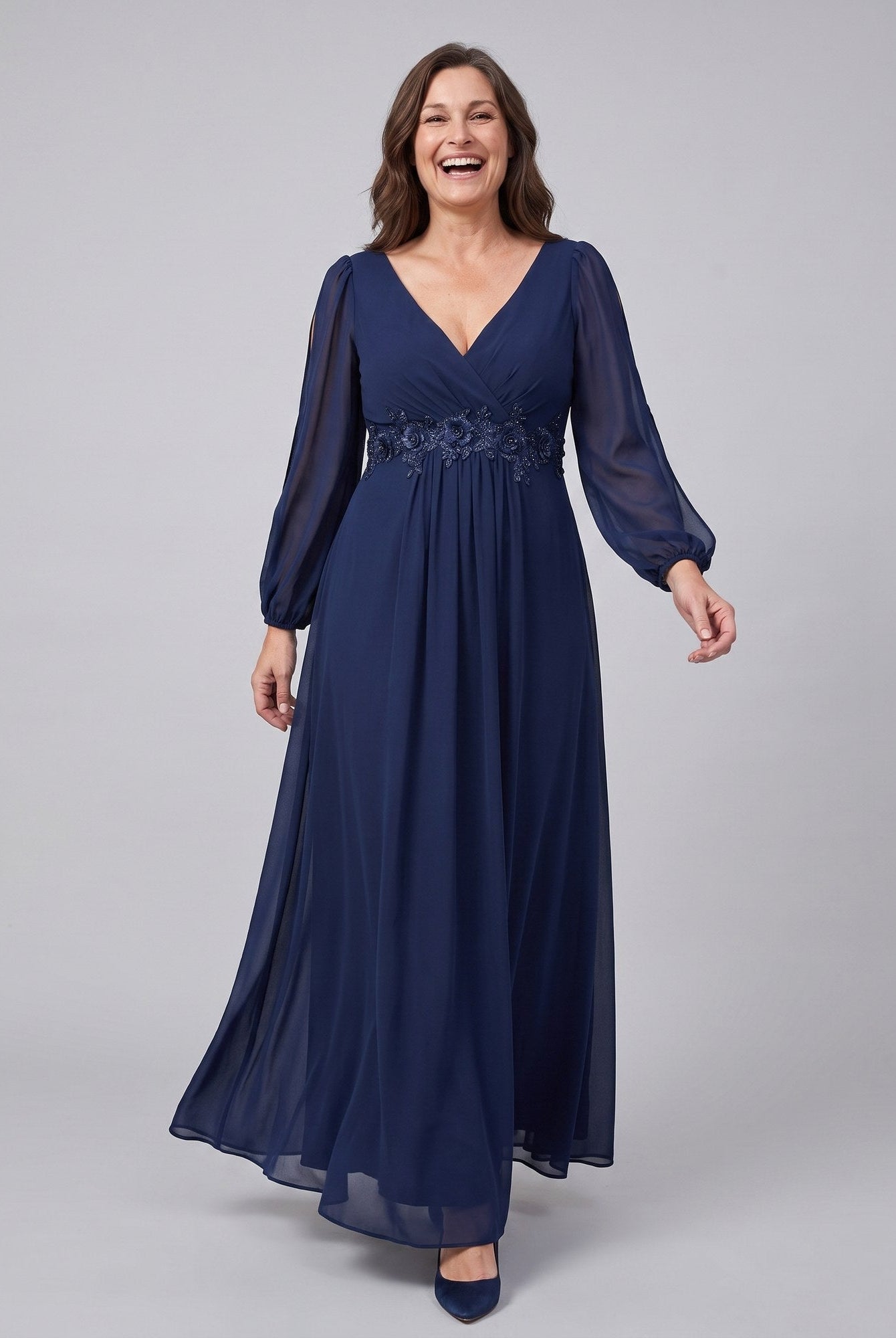 Amethyst chiffon gown with beaded belt and long sleeves 3