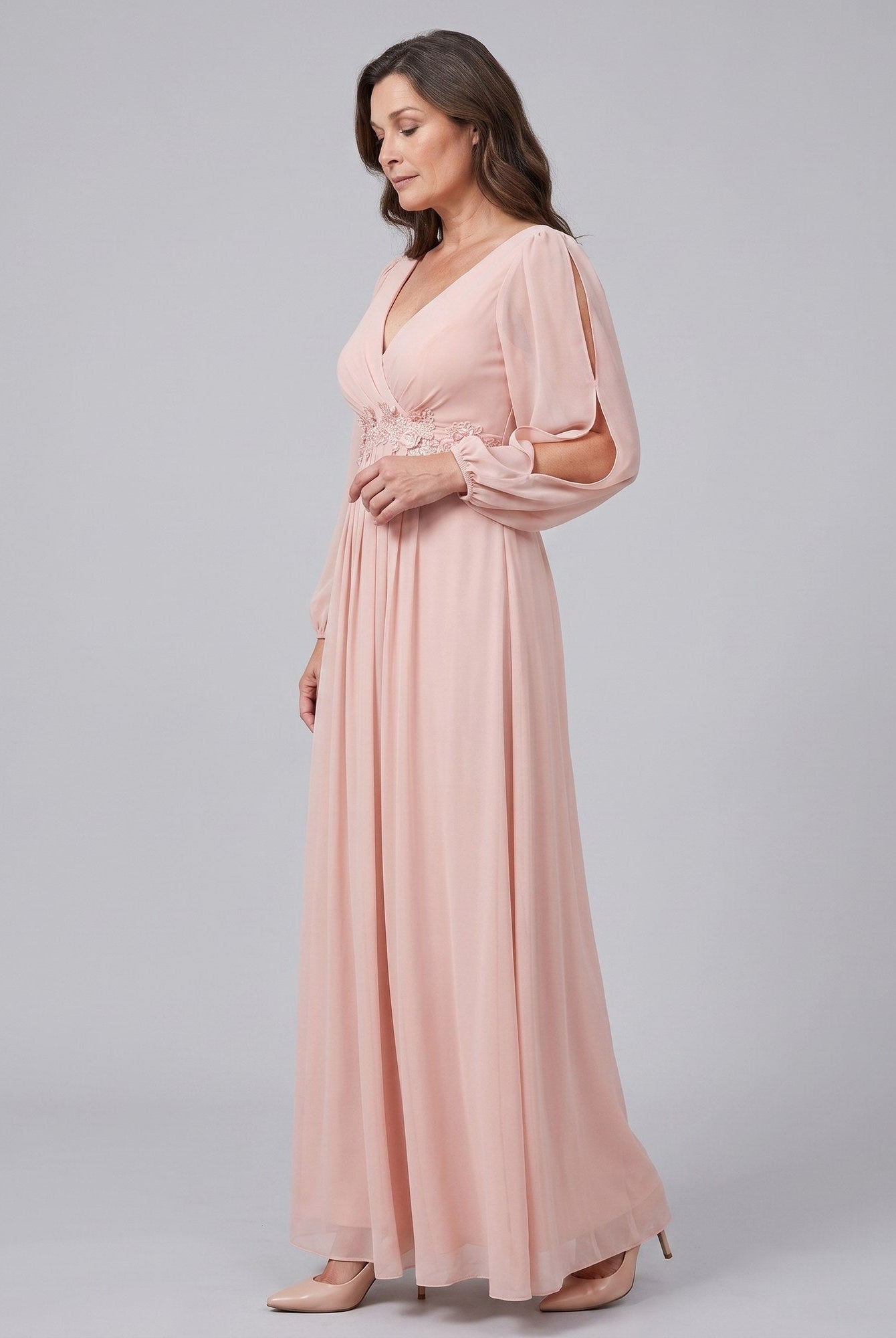Amethyst chiffon gown with beaded belt and long sleeves 4