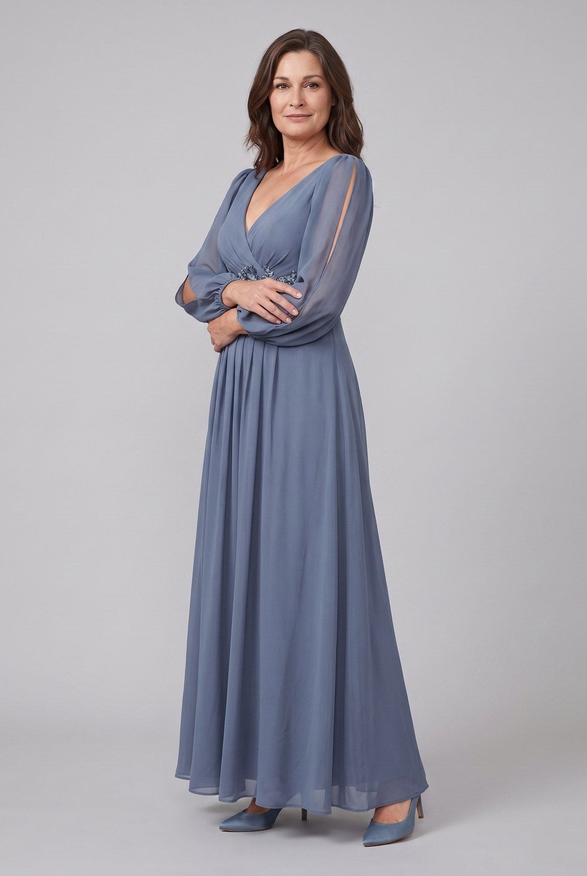 Amethyst chiffon gown with beaded belt and long sleeves 5