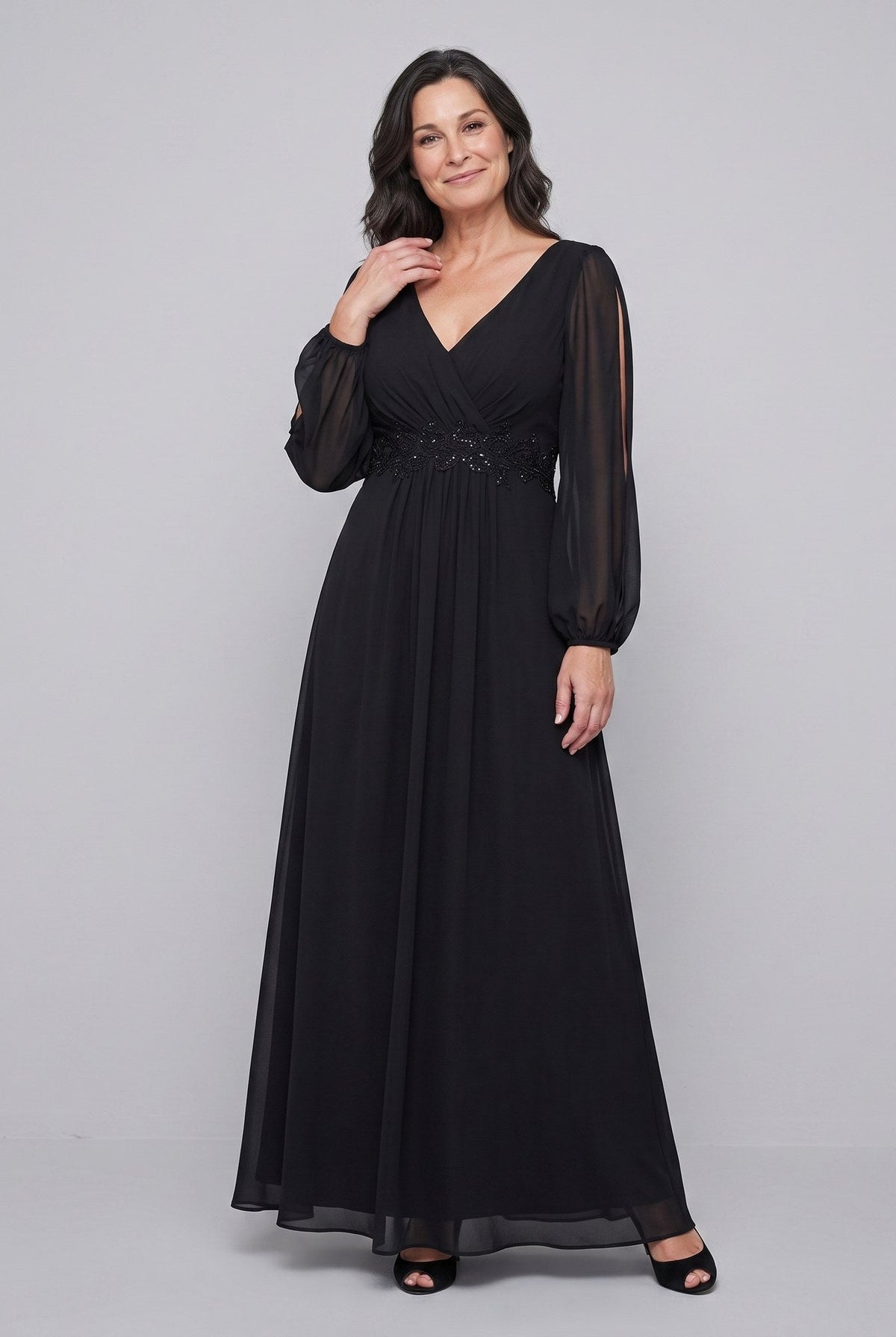 Amethyst chiffon gown with beaded belt and long sleeves 6