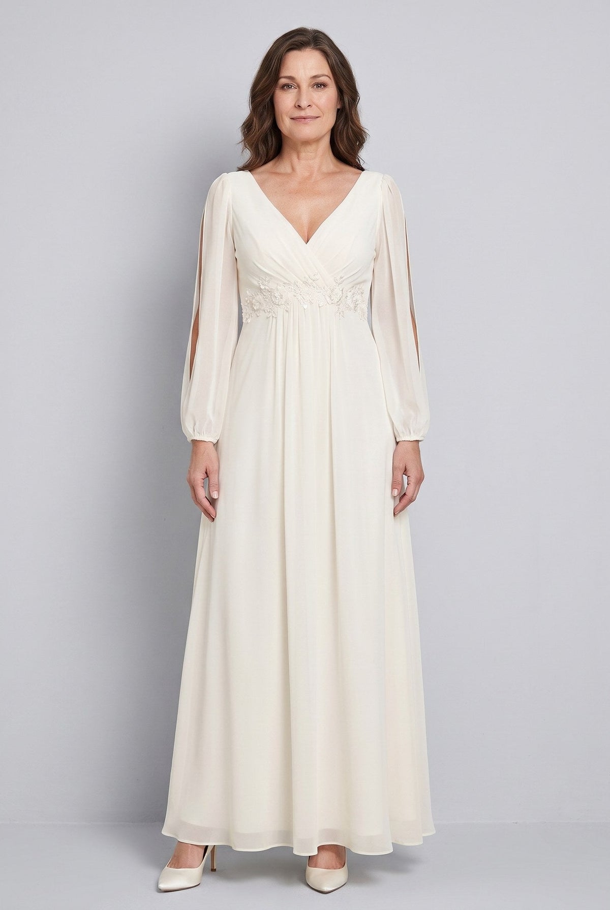 Amethyst chiffon gown with beaded belt and long sleeves 7