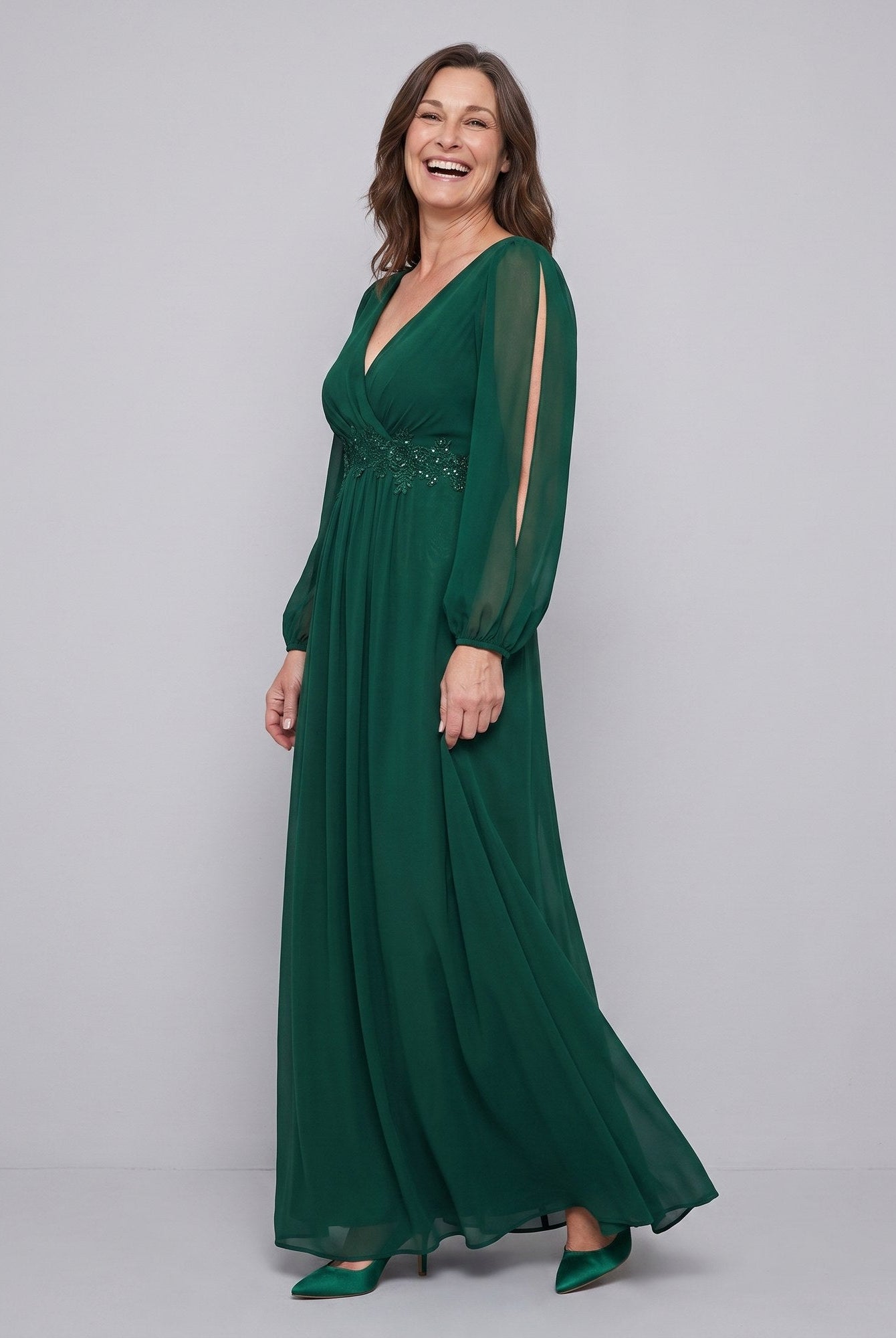 Amethyst chiffon gown with beaded belt and long sleeves 8