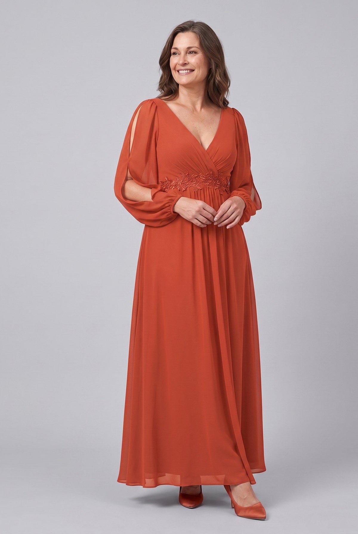 Amethyst chiffon gown with beaded belt and long sleeves 9