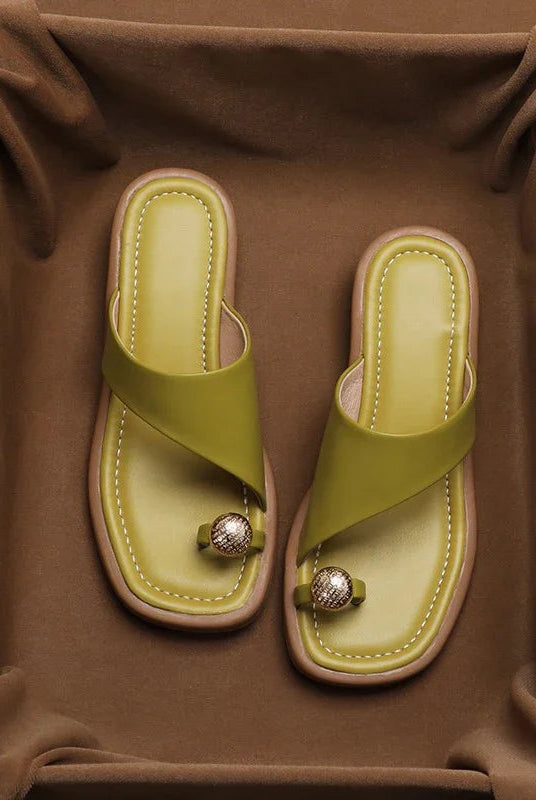 Ava Leather Slides | 100% Leather, Square Toe, Sculpted Block Heel 5