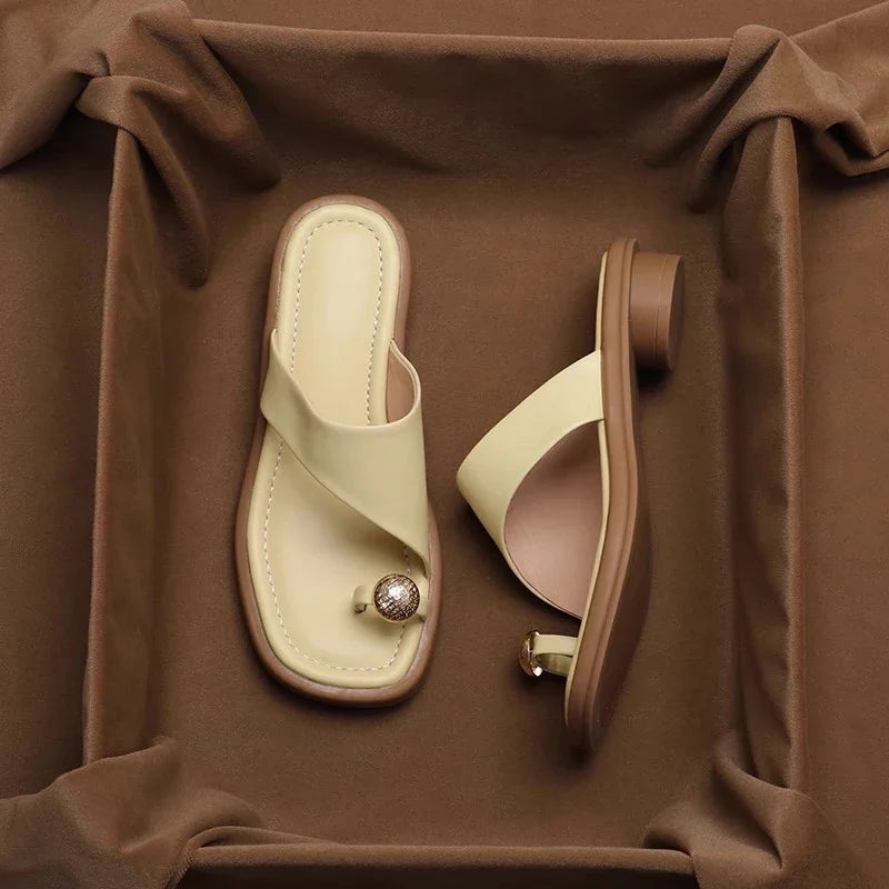 Ava Leather Slides | 100% Leather, Square Toe, Sculpted Block Heel 8