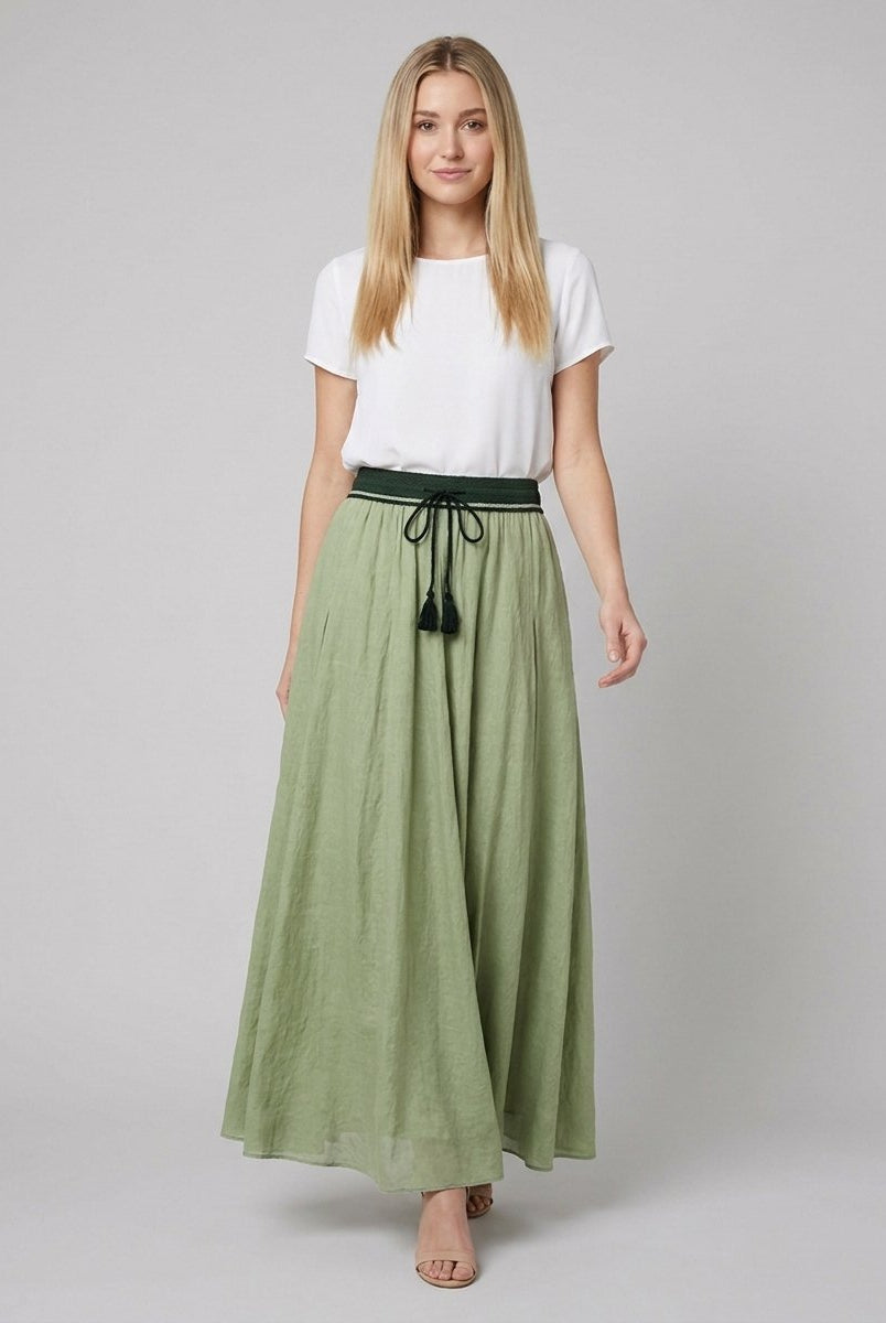 Ava Maxi Skirt | Lightweight Linen A-Line with Tassel Waist Detail 2