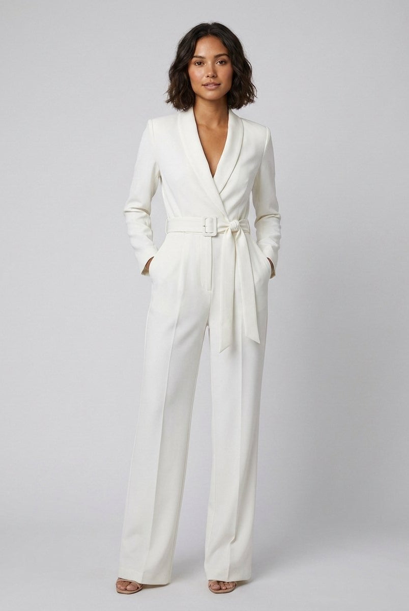 Ava Power Jumpsuit | Ivory Crepe, Belted, Wide-Leg 0