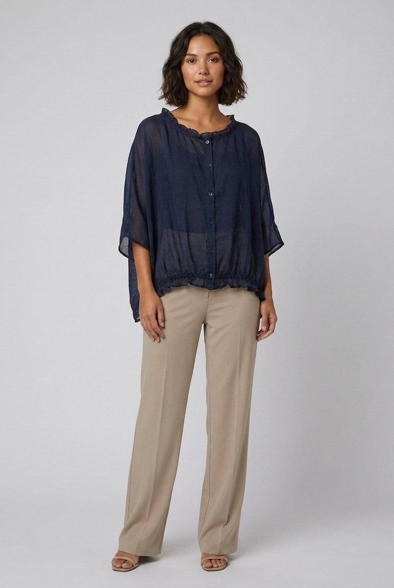 Aveline Ruffle Blouse | Cotton-Linen Blend Plus Size Top 0