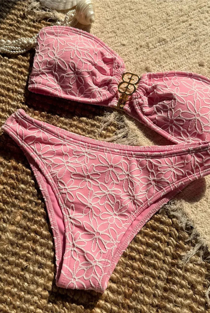 Bella Bandeau Bikini Set | Floral Embroidery, High Cut Design 0