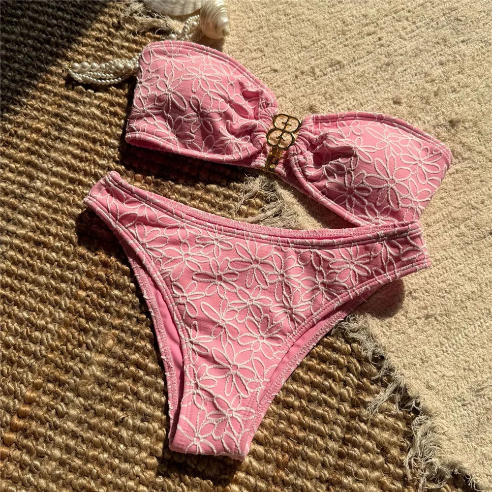 Bella Bandeau Bikini Set | Floral Embroidery, High Cut Design 0