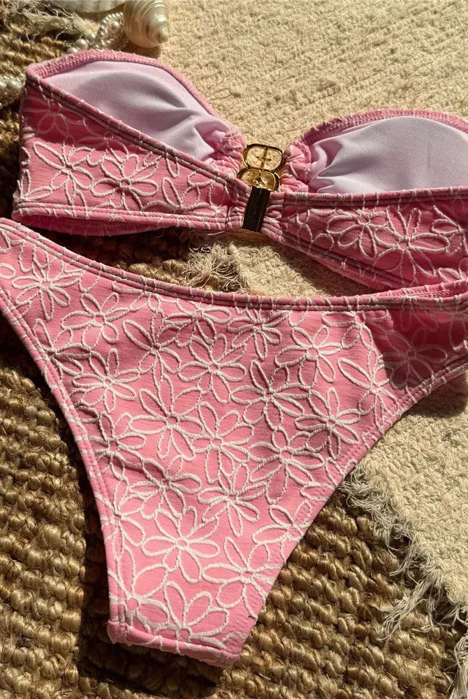 Bella Bandeau Bikini Set | Floral Embroidery, High Cut Design 4