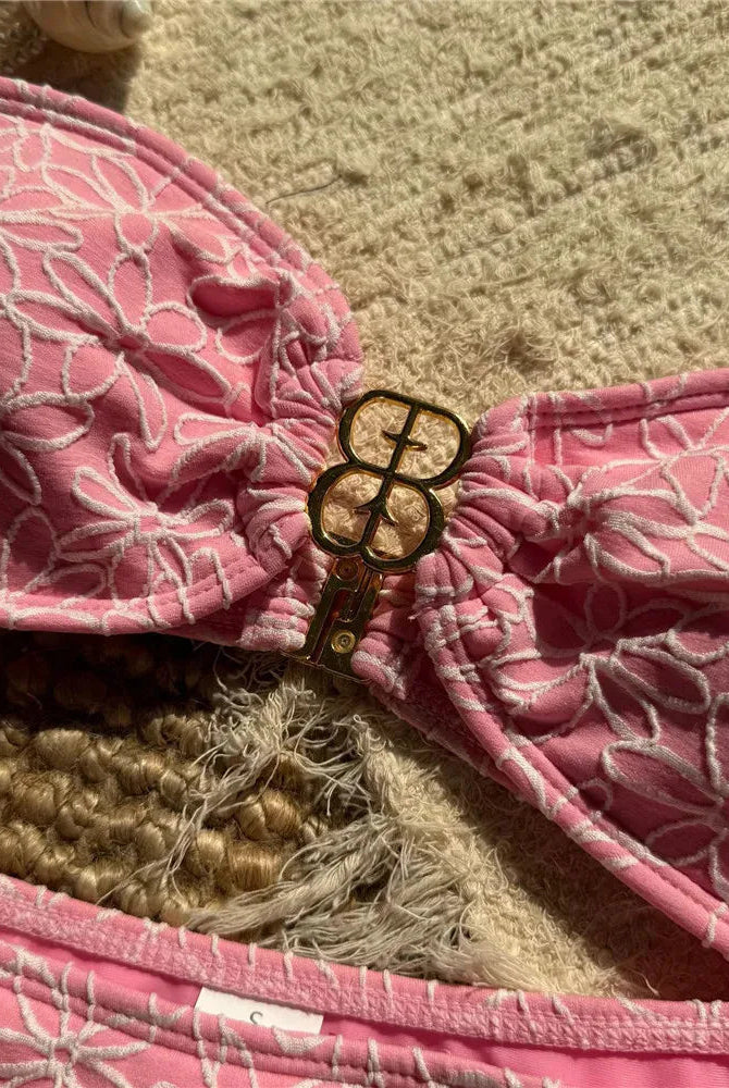 Bella Bandeau Bikini Set | Floral Embroidery, High Cut Design 6