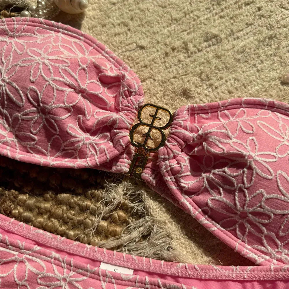 Bella Bandeau Bikini Set | Floral Embroidery, High Cut Design 6