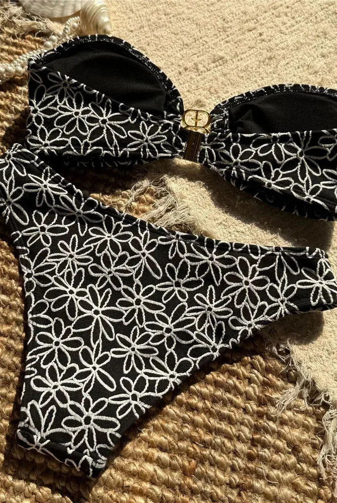 Bella Bandeau Bikini Set | Floral Embroidery, High Cut Design 7