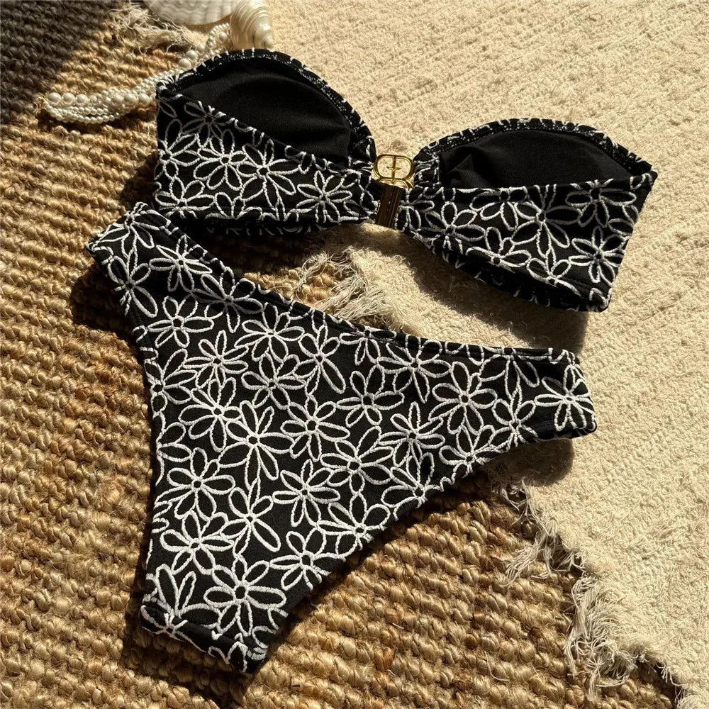 Bella Bandeau Bikini Set | Floral Embroidery, High Cut Design 7