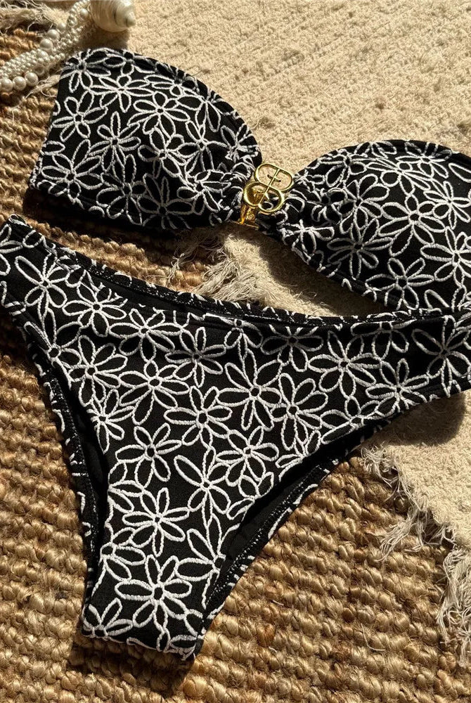 Bella Bandeau Bikini Set | Floral Embroidery, High Cut Design 8