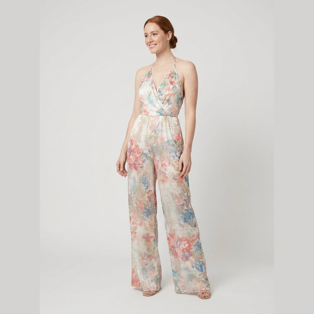 Bora Satin Jumpsuit | Halter Neck, Wide-Leg Floral Design 1