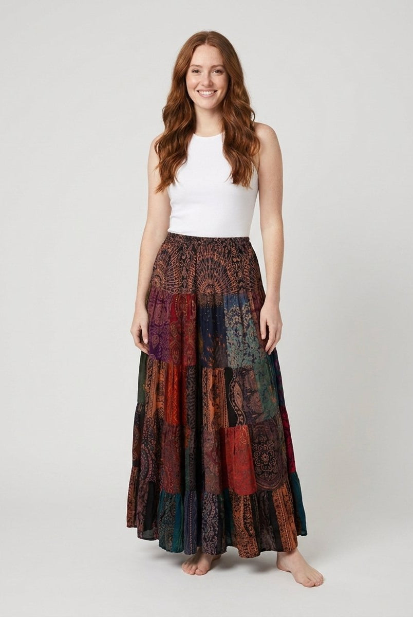Brielle Maxi Skirt | Lightweight Rayon, Boho Patchwork Design 0