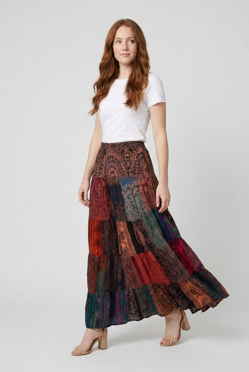 Brielle Maxi Skirt | Lightweight Rayon, Boho Patchwork Design 2