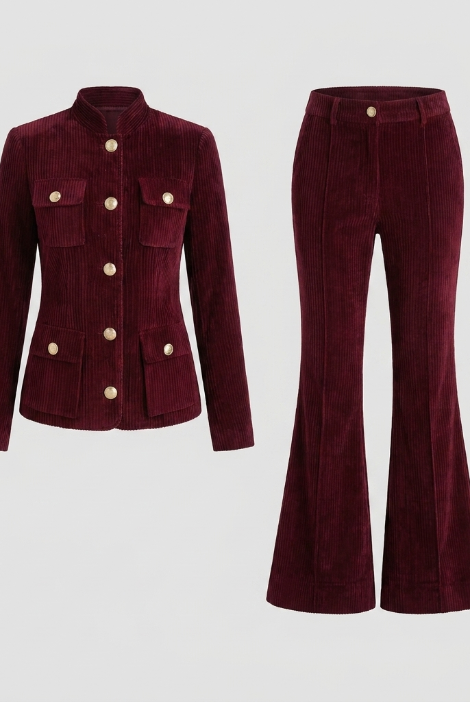 Celina Women's Set | Corduroy Jacket with Flare Pants and Cargo Pockets 3