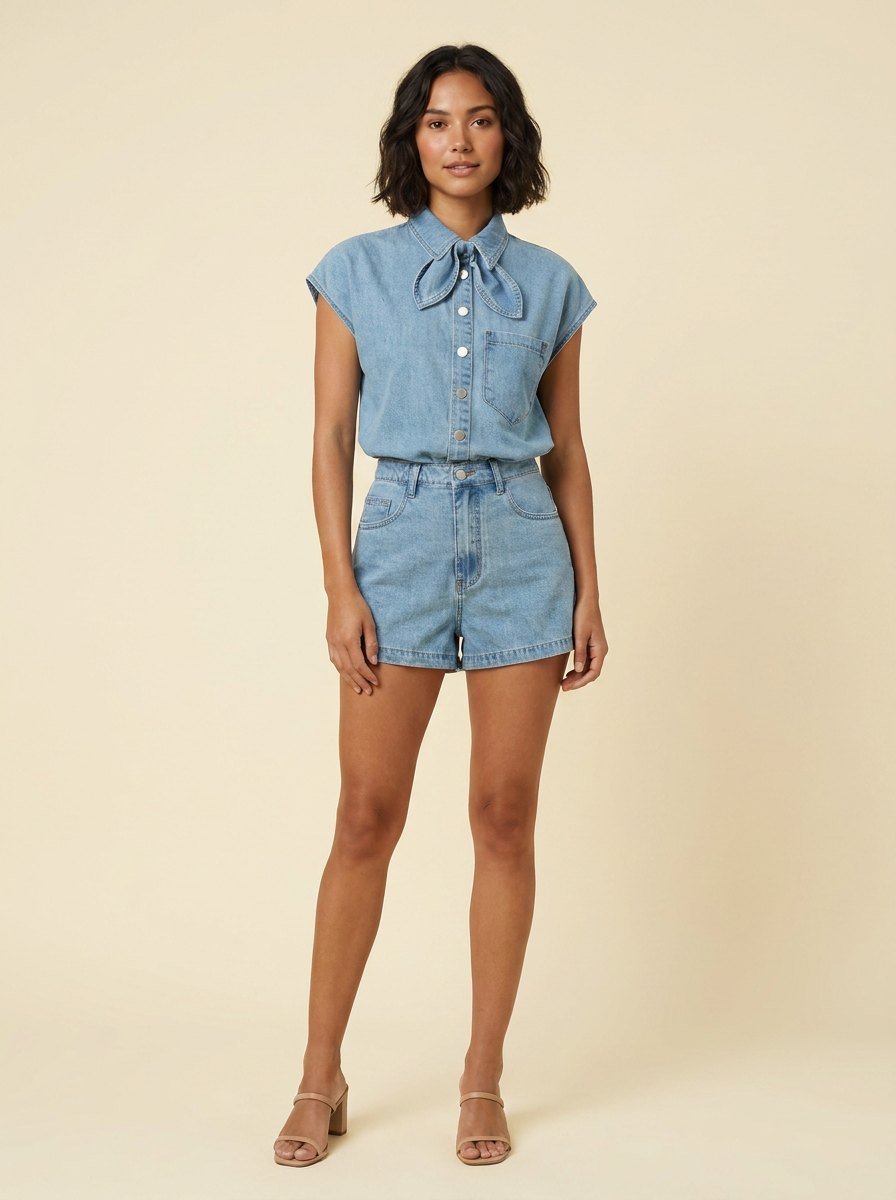 Daisy Denim Set | Cotton Blend Blouse and Shorts for Girls 0