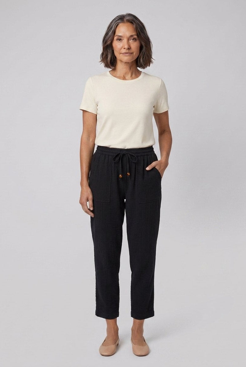 Dara Tapered Trousers Womens | Double Gauze Cotton, Elastic Waistband 0