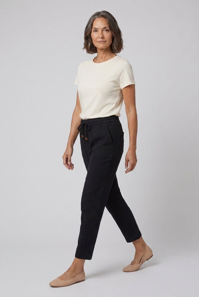 Dara Tapered Trousers Womens | Double Gauze Cotton, Elastic Waistband 1
