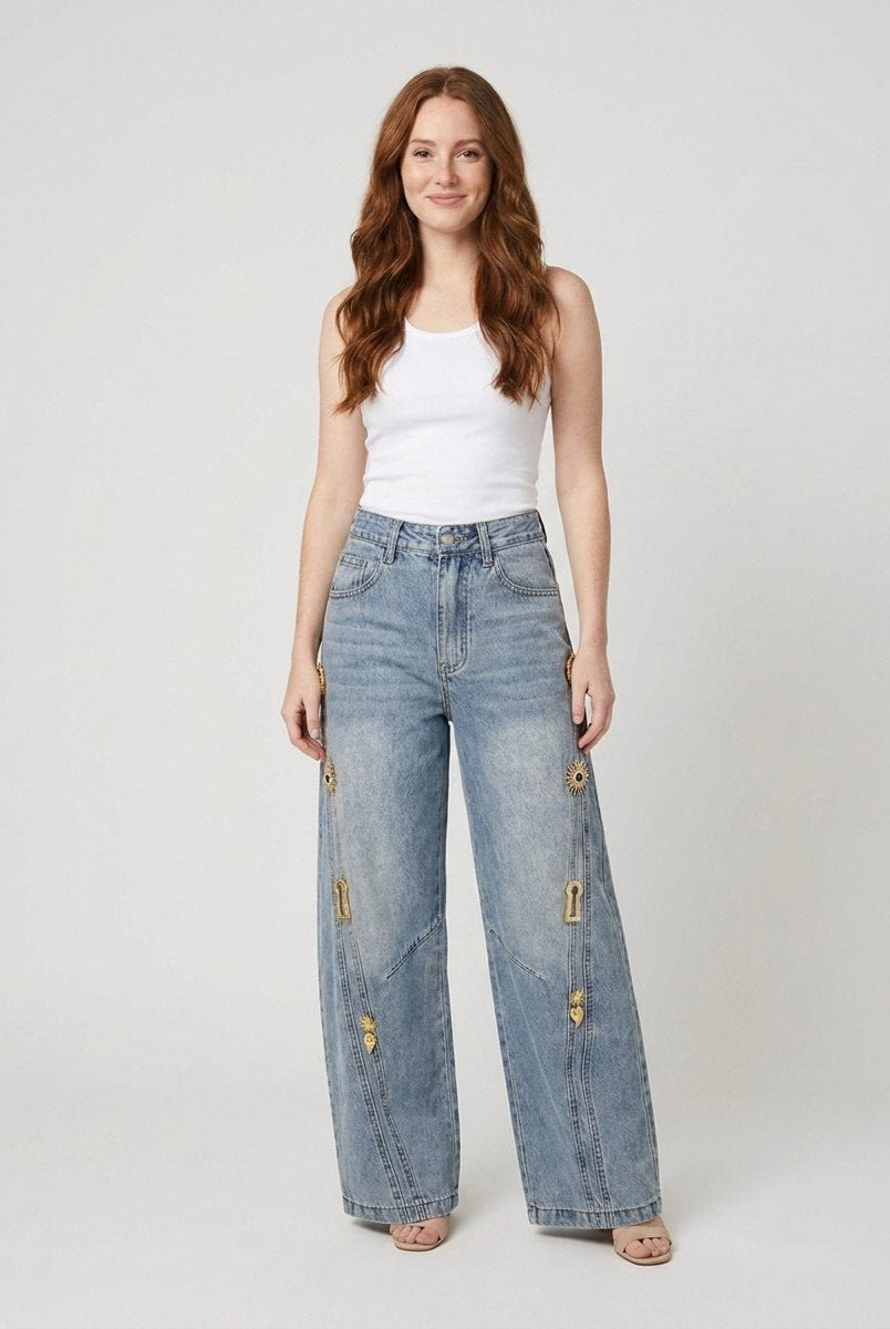 Dara Wide Leg Jeans | Denim with Metallic Accents for Women 0
