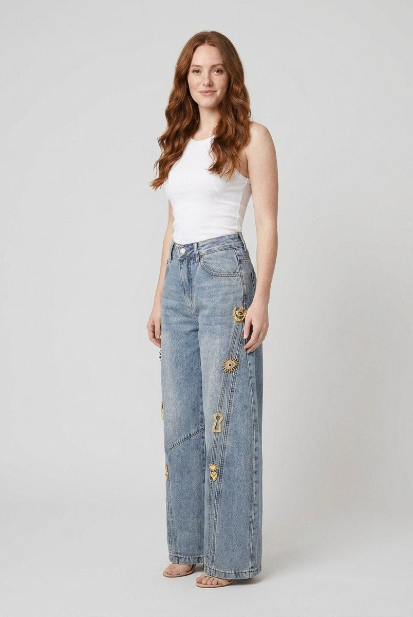 Dara Wide Leg Jeans | Denim with Metallic Accents for Women 1