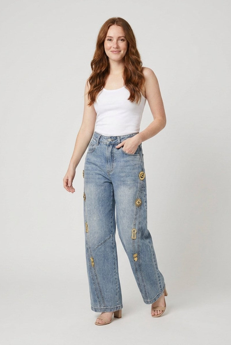 Dara Wide Leg Jeans | Denim with Metallic Accents for Women 2