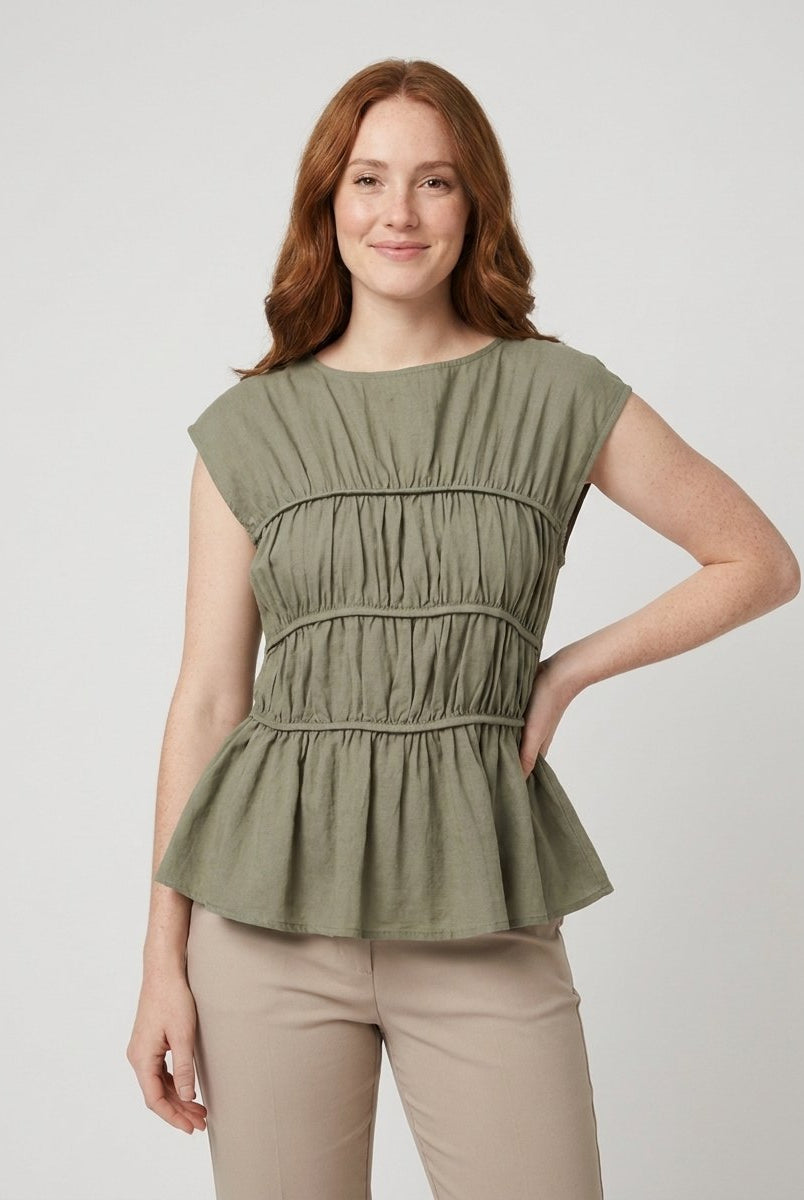 Dashi Womens Top | Lightweight Peplum, Ruched Waist, Cap Sleeve 0