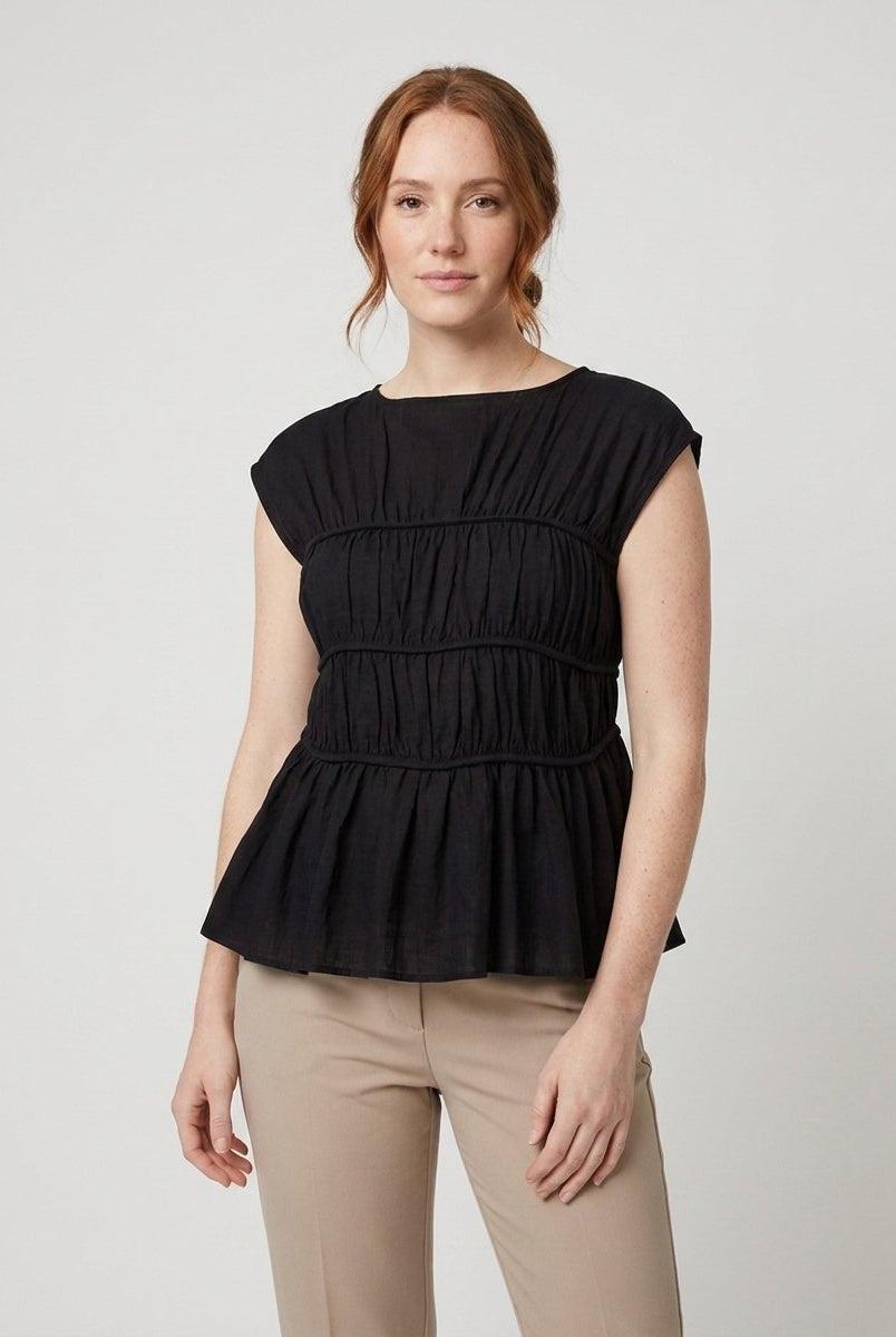 Dashi Womens Top | Lightweight Peplum, Ruched Waist, Cap Sleeve 1