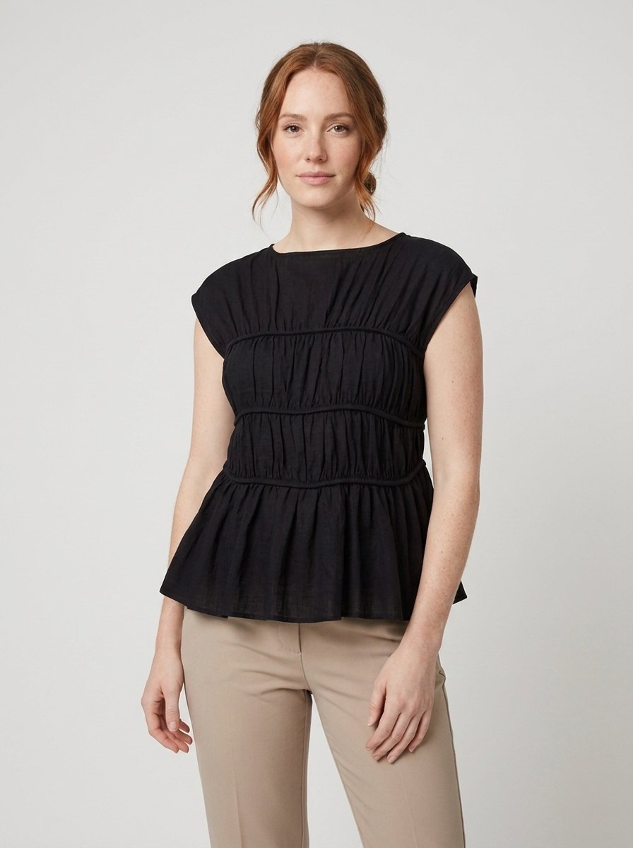 Dashi Womens Top | Lightweight Peplum, Ruched Waist, Cap Sleeve 1
