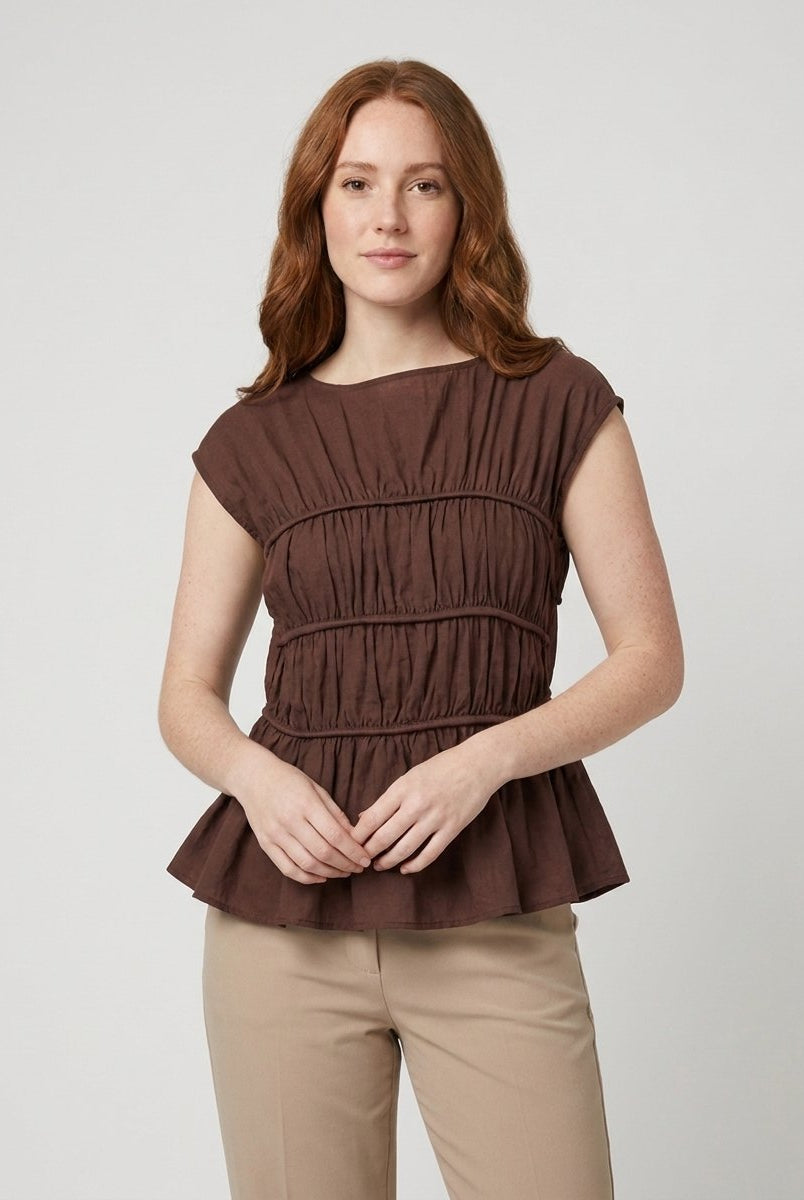Dashi Womens Top | Lightweight Peplum, Ruched Waist, Cap Sleeve 2