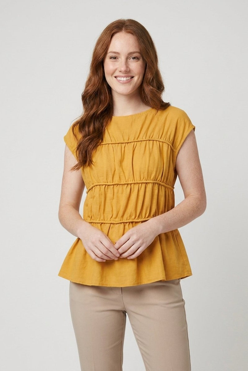 Dashi Womens Top | Lightweight Peplum, Ruched Waist, Cap Sleeve 3