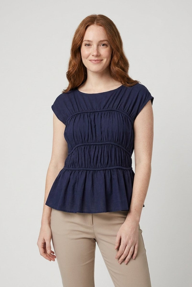 Dashi Womens Top | Lightweight Peplum, Ruched Waist, Cap Sleeve 4