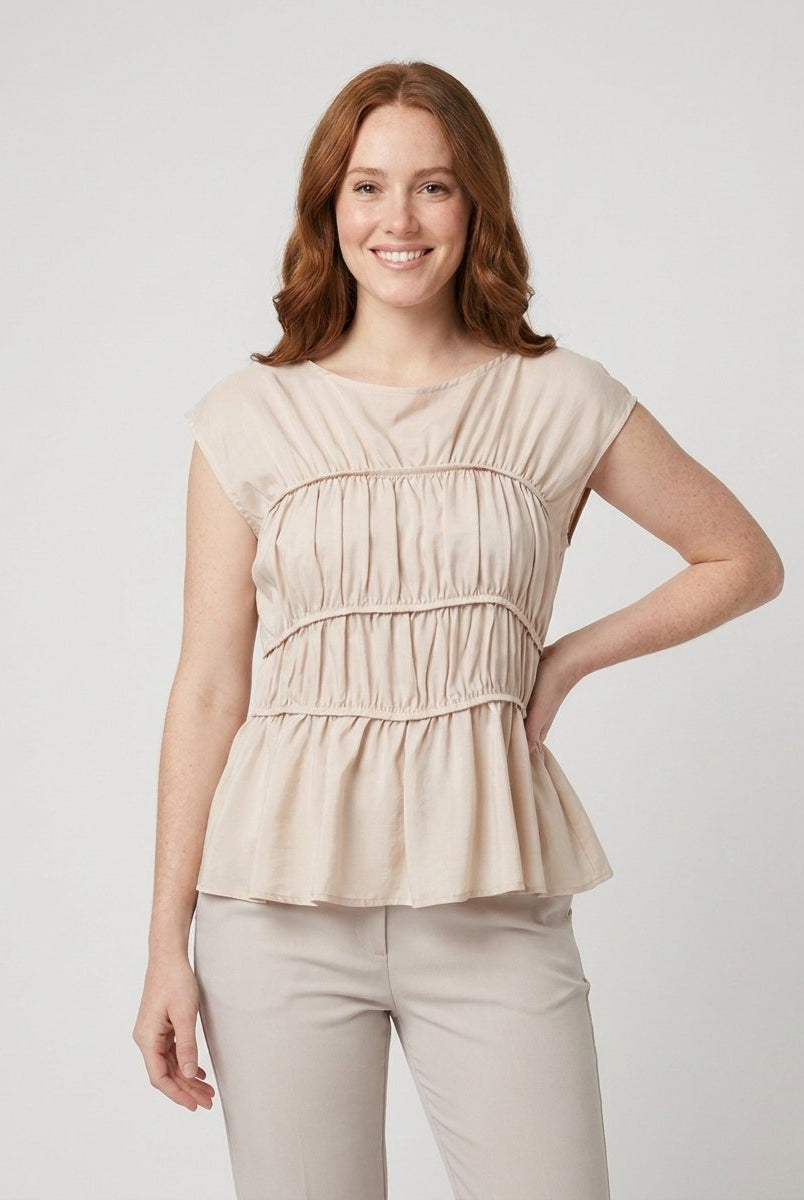 Dashi Womens Top | Lightweight Peplum, Ruched Waist, Cap Sleeve 5