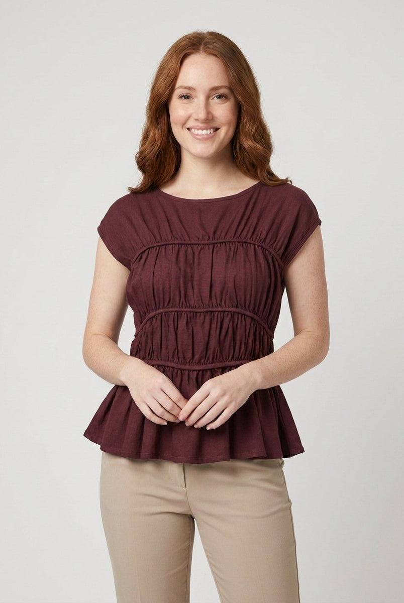 Dashi Womens Top | Lightweight Peplum, Ruched Waist, Cap Sleeve 7