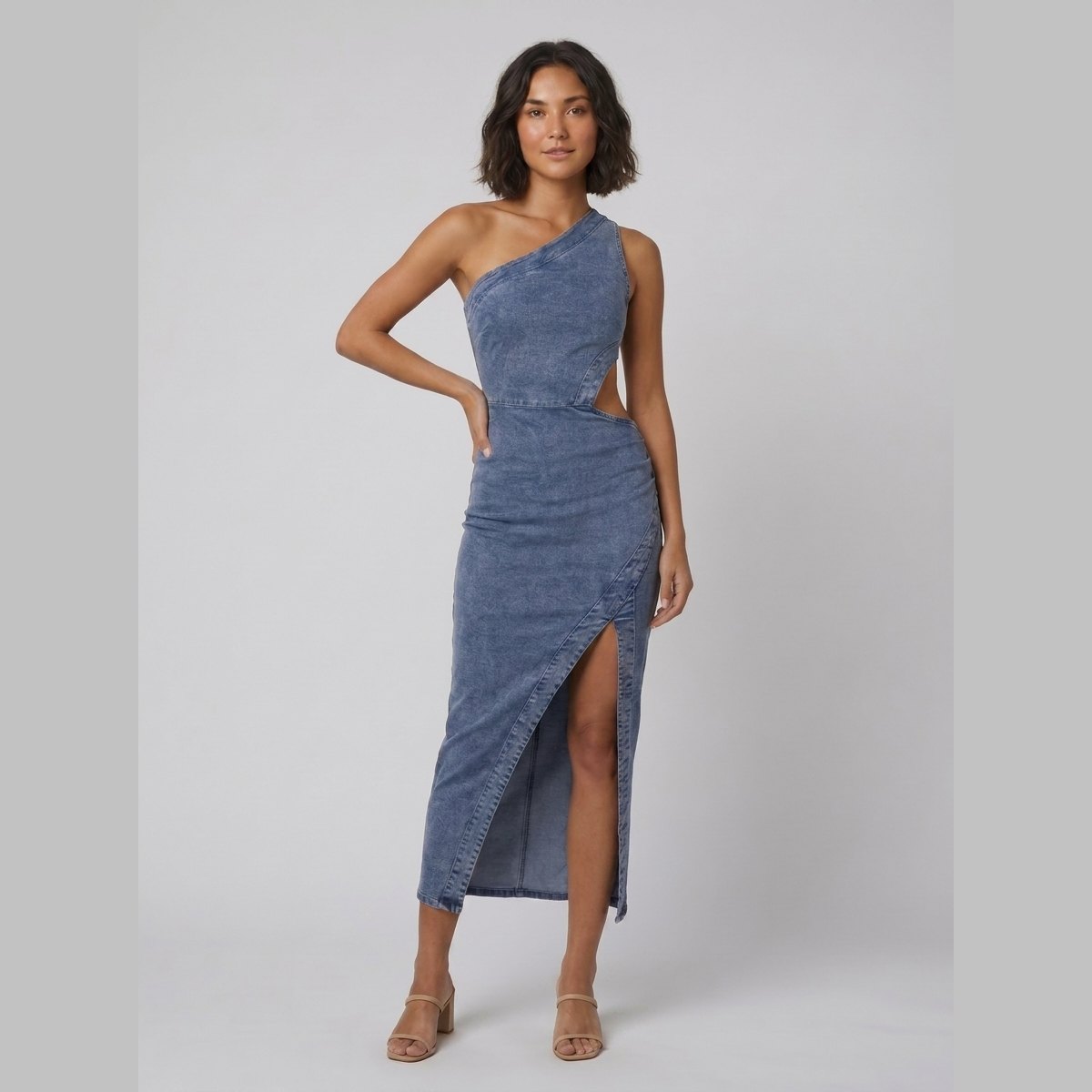 Dazzle Midi Dress | One Shoulder, Asymmetrical Cut-Out, Denim 1