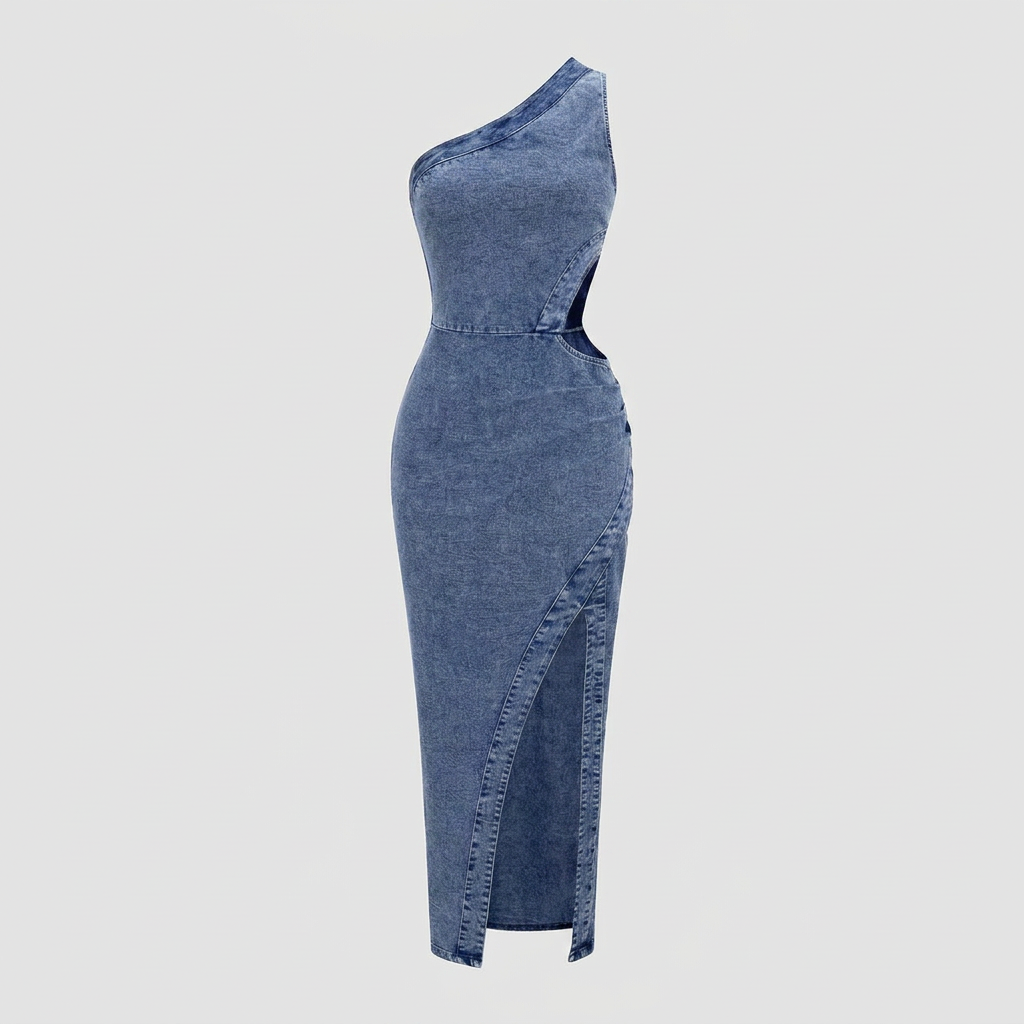 Dazzle Midi Dress | One Shoulder, Asymmetrical Cut-Out, Denim 2