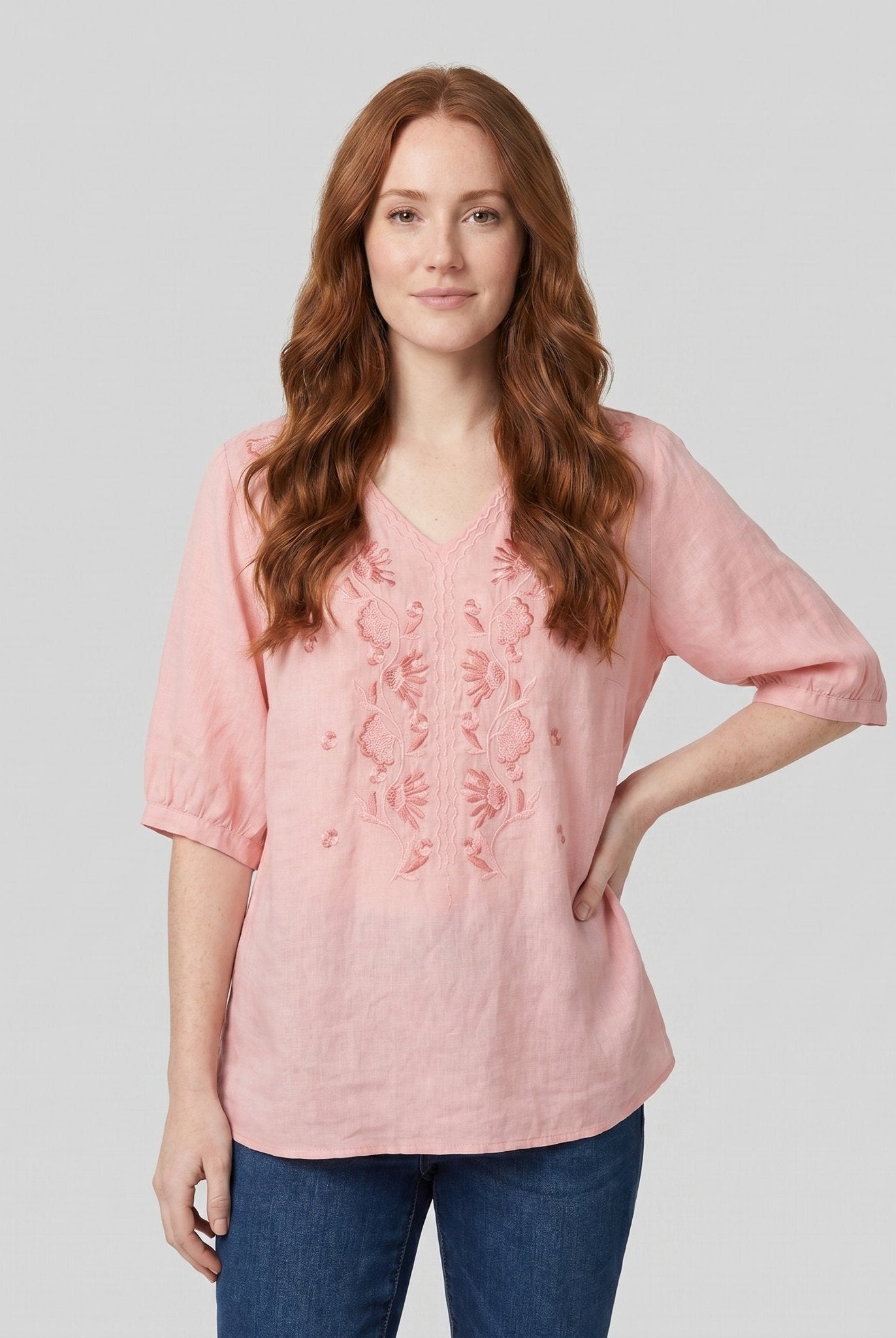 Eloria Womens Blouse | Lightweight Cotton-Linen, Embroidered Floral Design 1