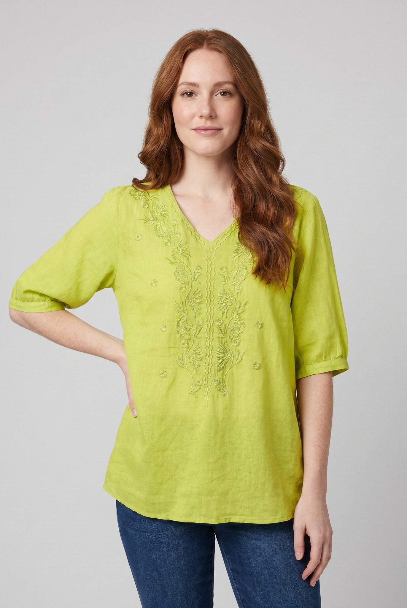 Eloria Womens Blouse | Lightweight Cotton-Linen, Embroidered Floral Design 3