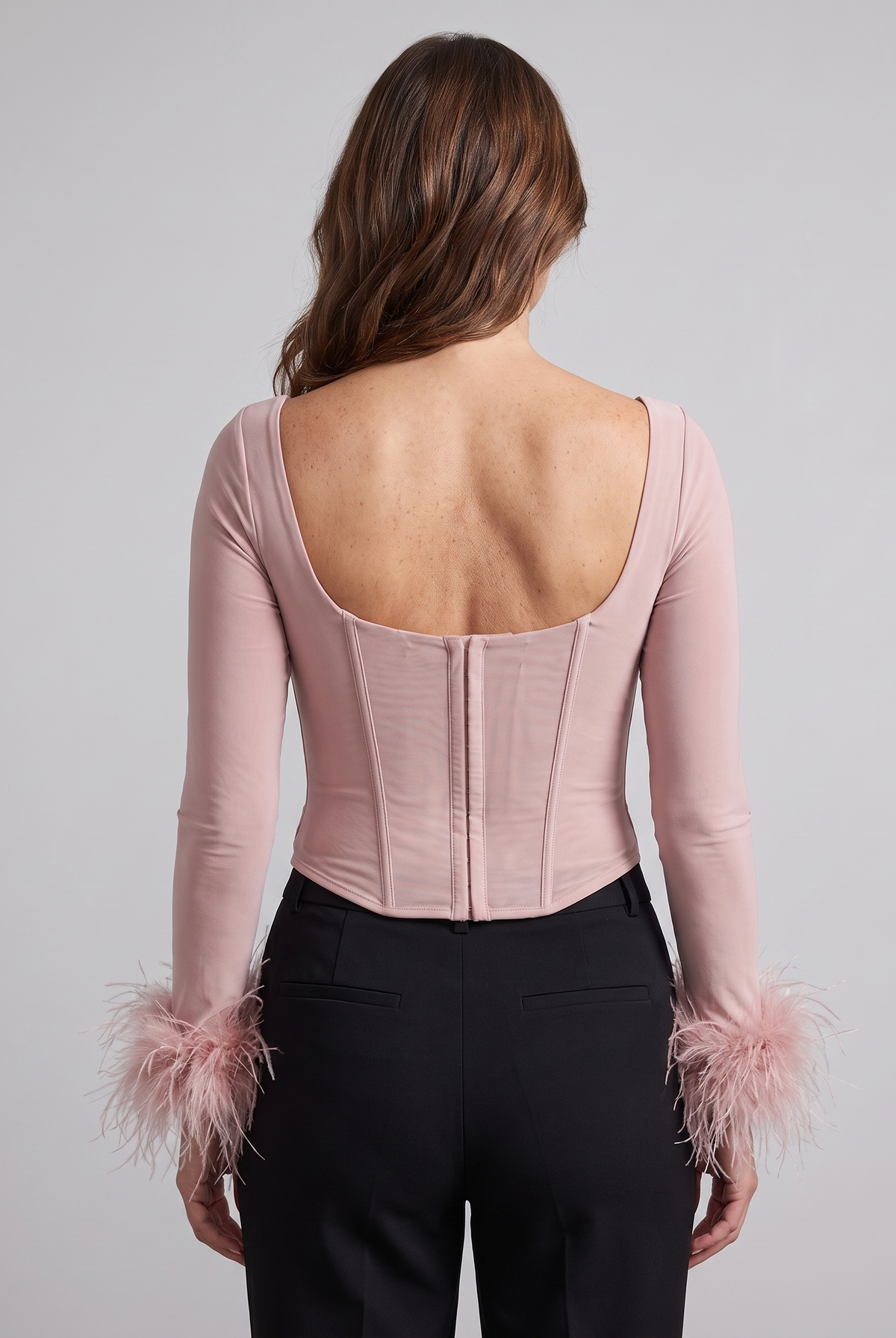 Cosima corset top with feather cuffs and square neckline 4