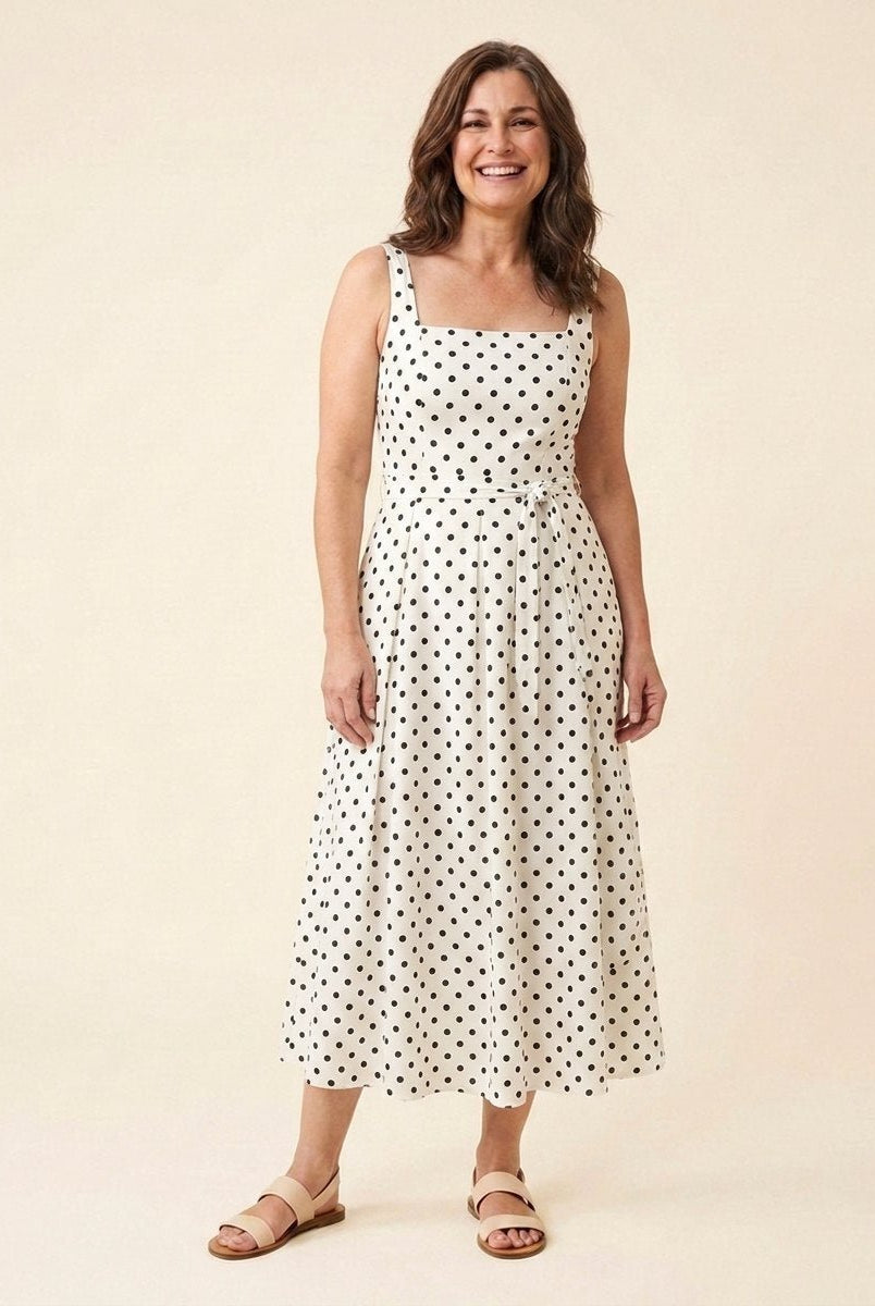 Elysia Midi Dress | Polka Dot Print, Tie-Up Waist, Regular Fit 0