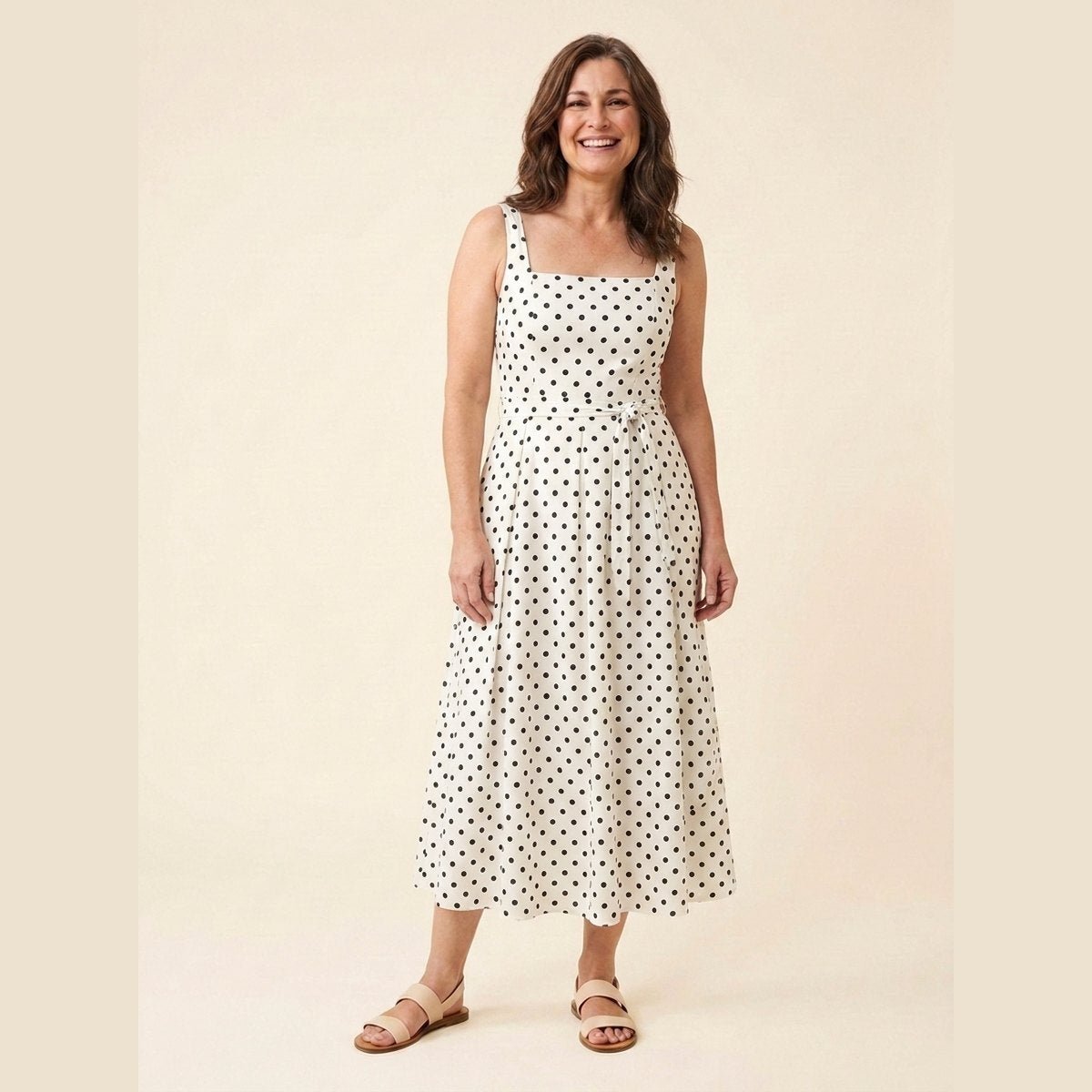 Elysia Midi Dress | Polka Dot Print, Tie-Up Waist, Regular Fit 0