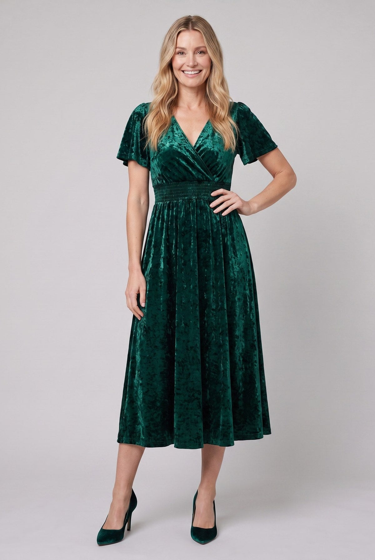 Emeraude ribbed velvet midi dress with shirred waist 1