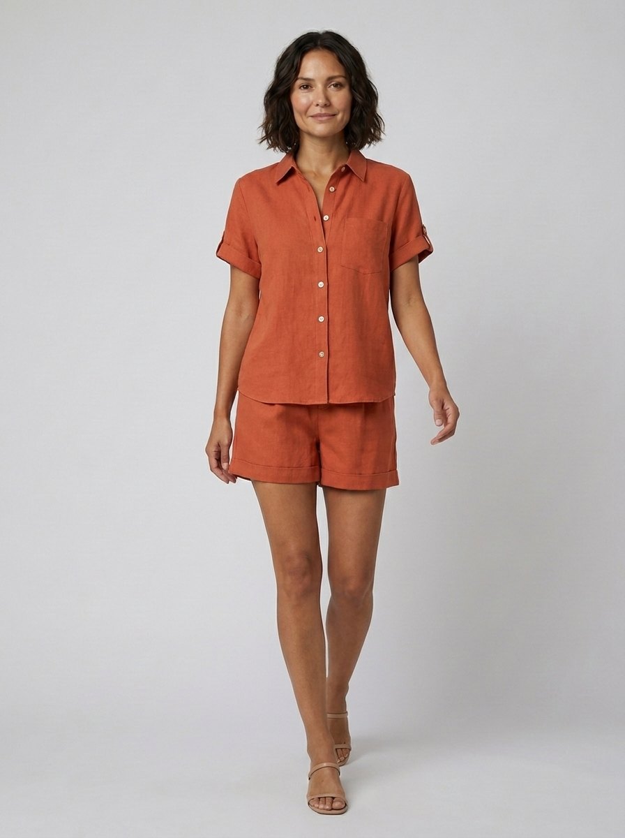 Felicity Women's Set | Breathable Linen Button-Front Shirt & High-Waist Shorts 2