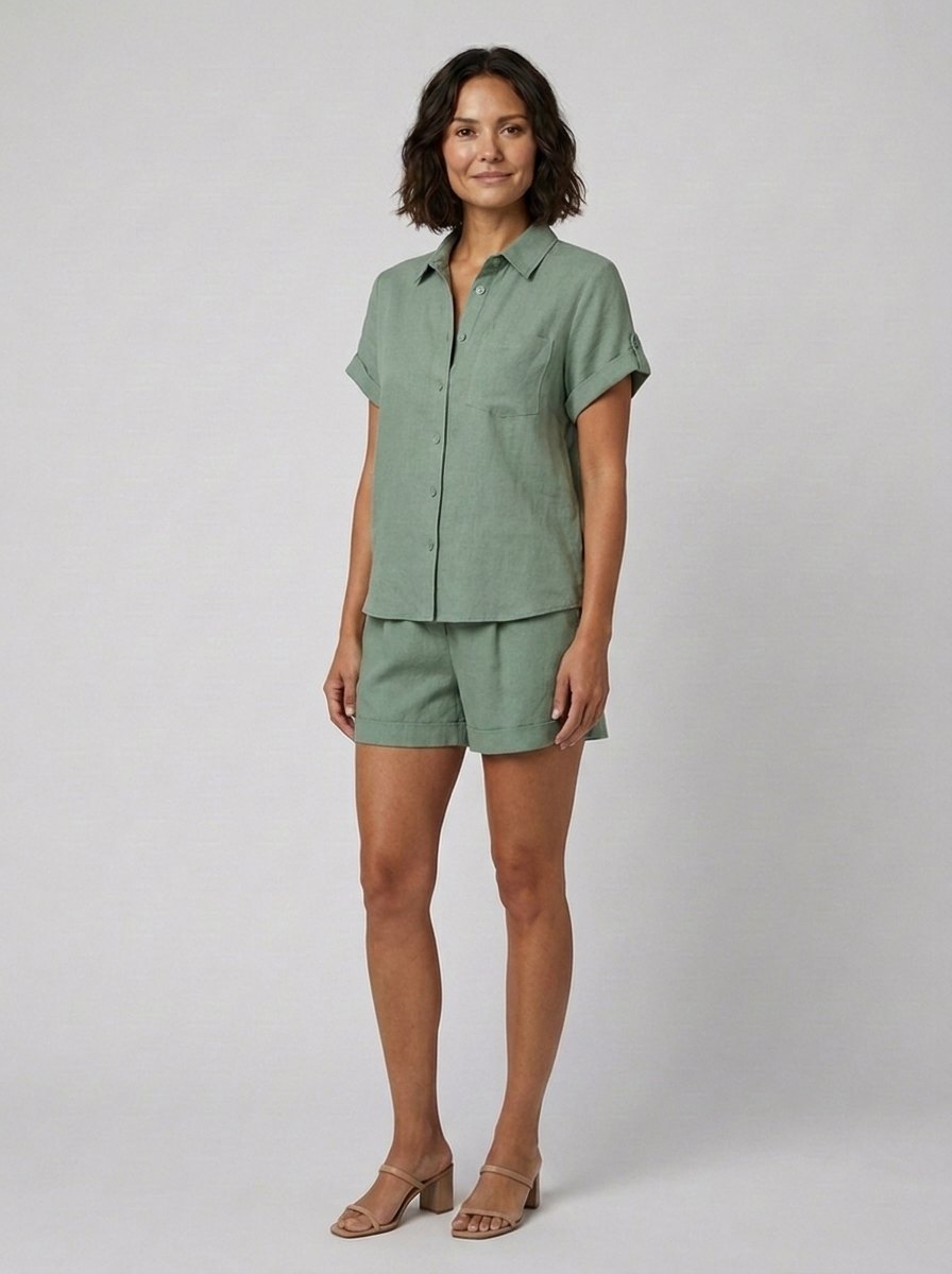 Felicity Women's Set | Breathable Linen Button-Front Shirt & High-Waist Shorts 3